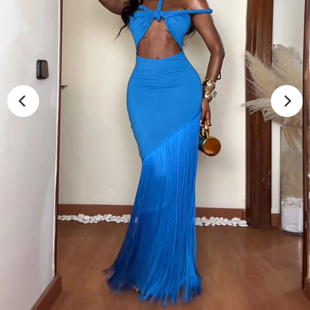 Elegant Blue Fringe Maxi Dress